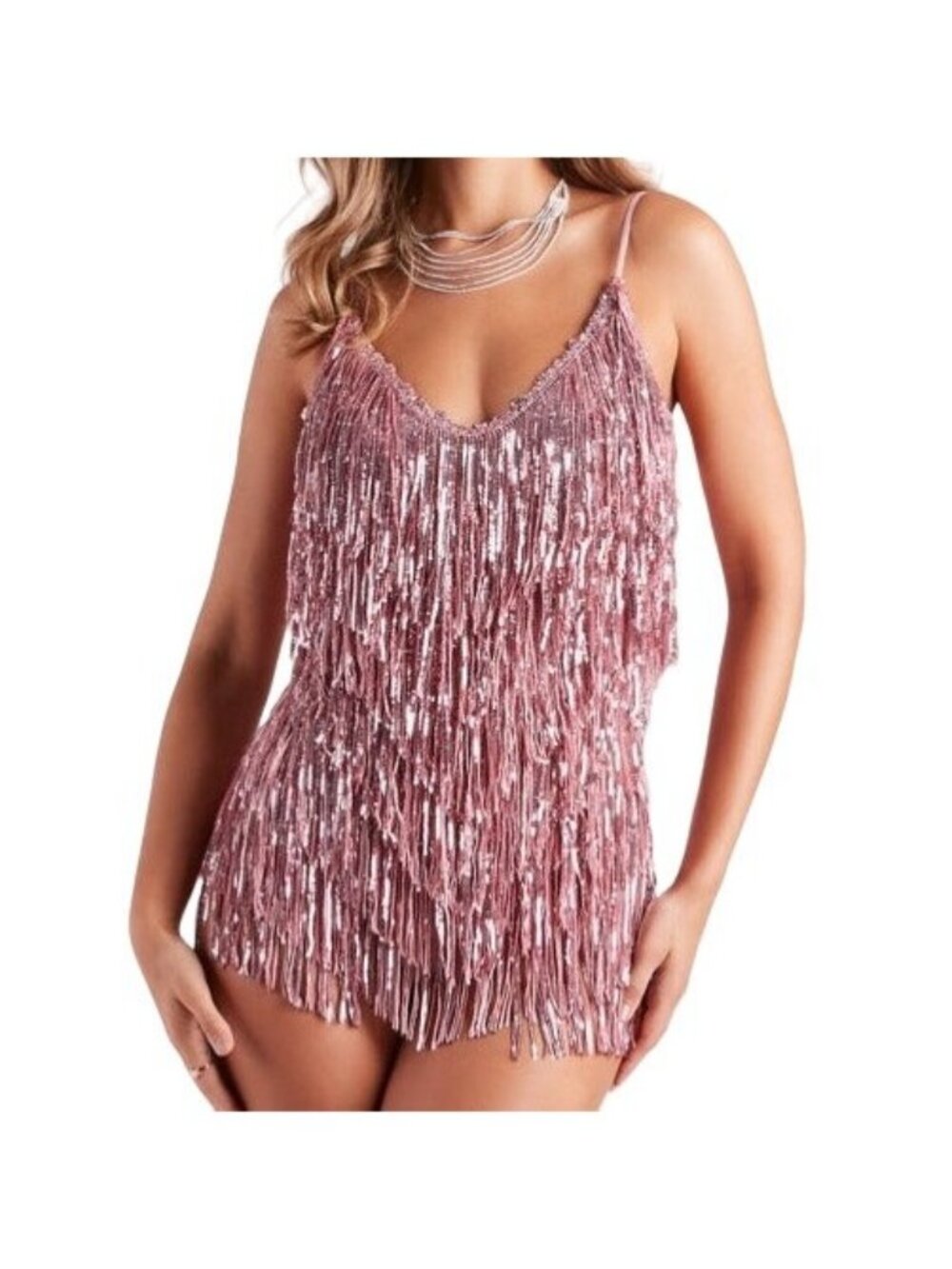 Y2K Pink Sequin Fringe Flapper Romper Mini Dress Size L NWT